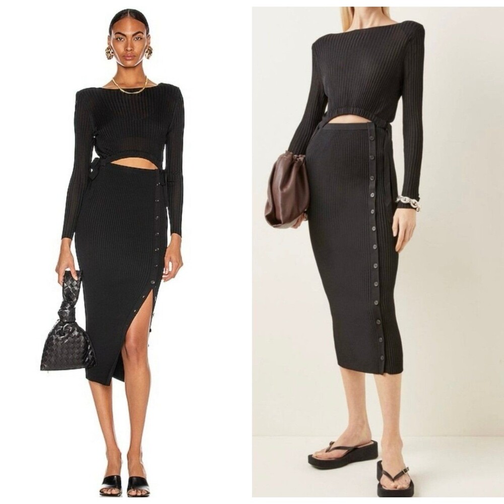 Self-Portrait cutout ribbed knit midi dress black Small